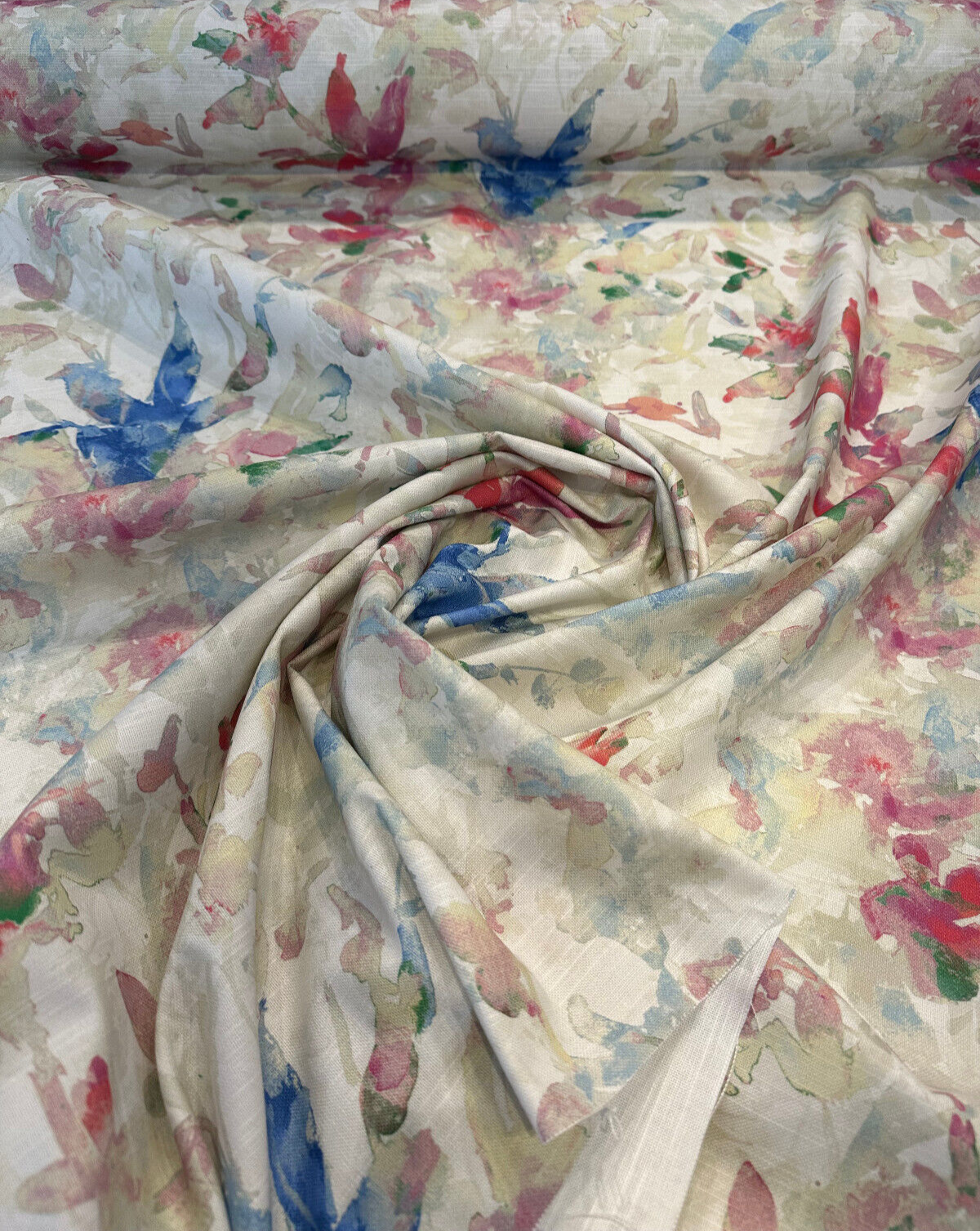 Waverly Soft Focus Bloom Cotton Fabric - Floral, Beige Background With Blue, Pale Pink, Ivory, And Green, 54" Width (By The Yard)
