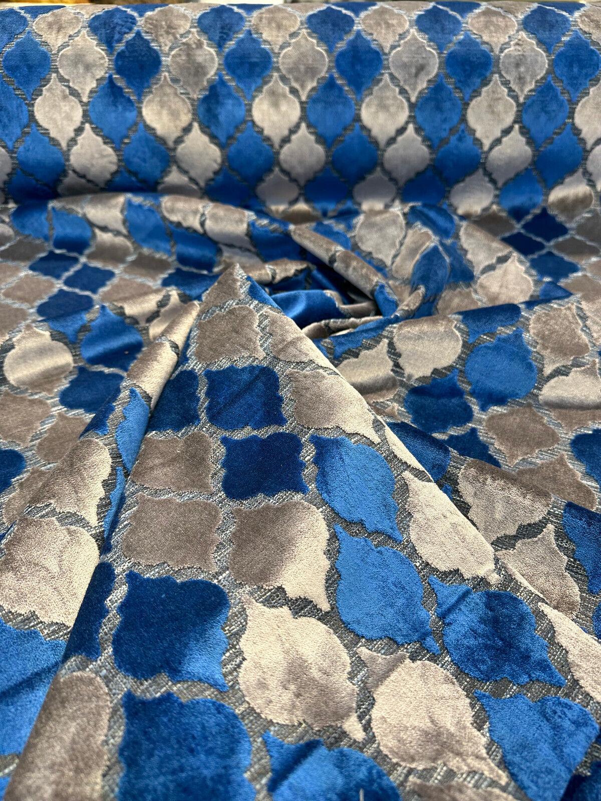 Nubia Cobalt Navy Upholstery Velvet Fabric - Blue Gray Raised Velvet, 54" Width, 6.75" Horizontal Repeat, 7.5" Vertical Repeat (1 Yard)