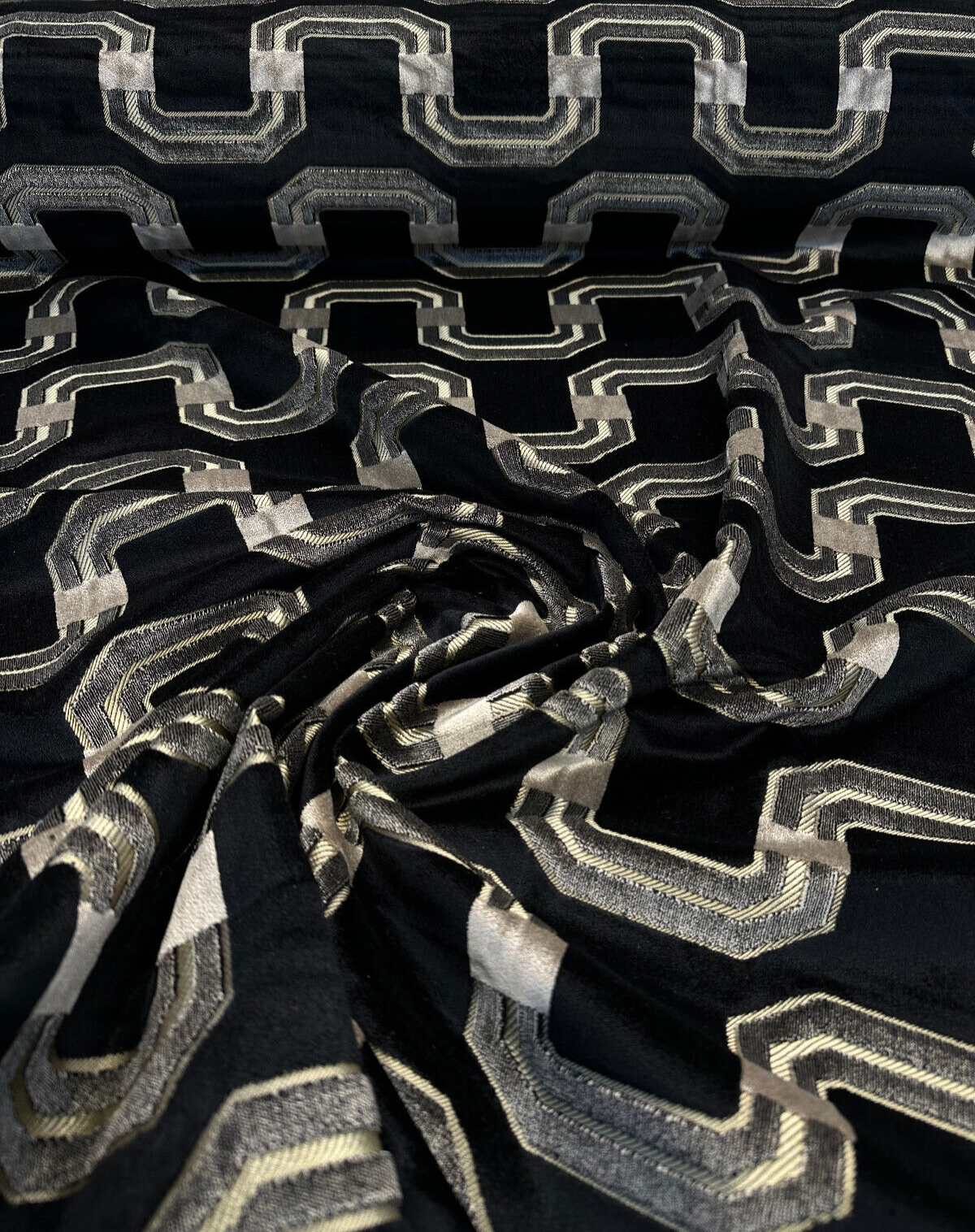Ravello Black Velvet Raised Upholstery Fabric - Black, Silver, Charcoal, Dark Gold, 56" Width (1 Yard)