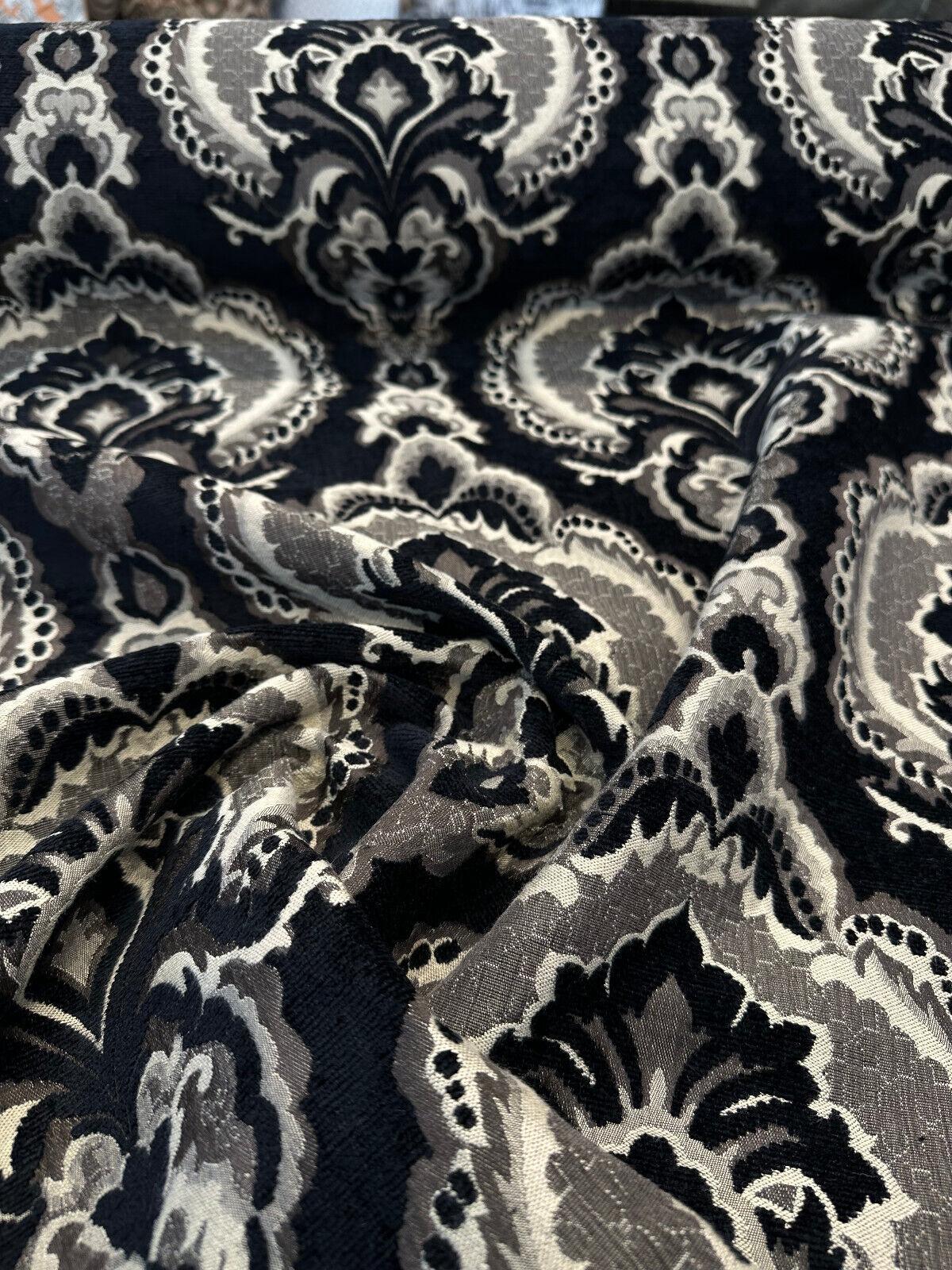 Algiers Onyx Chenille Upholstery Fabric - Black Damask, 56" Width (1 Yard)