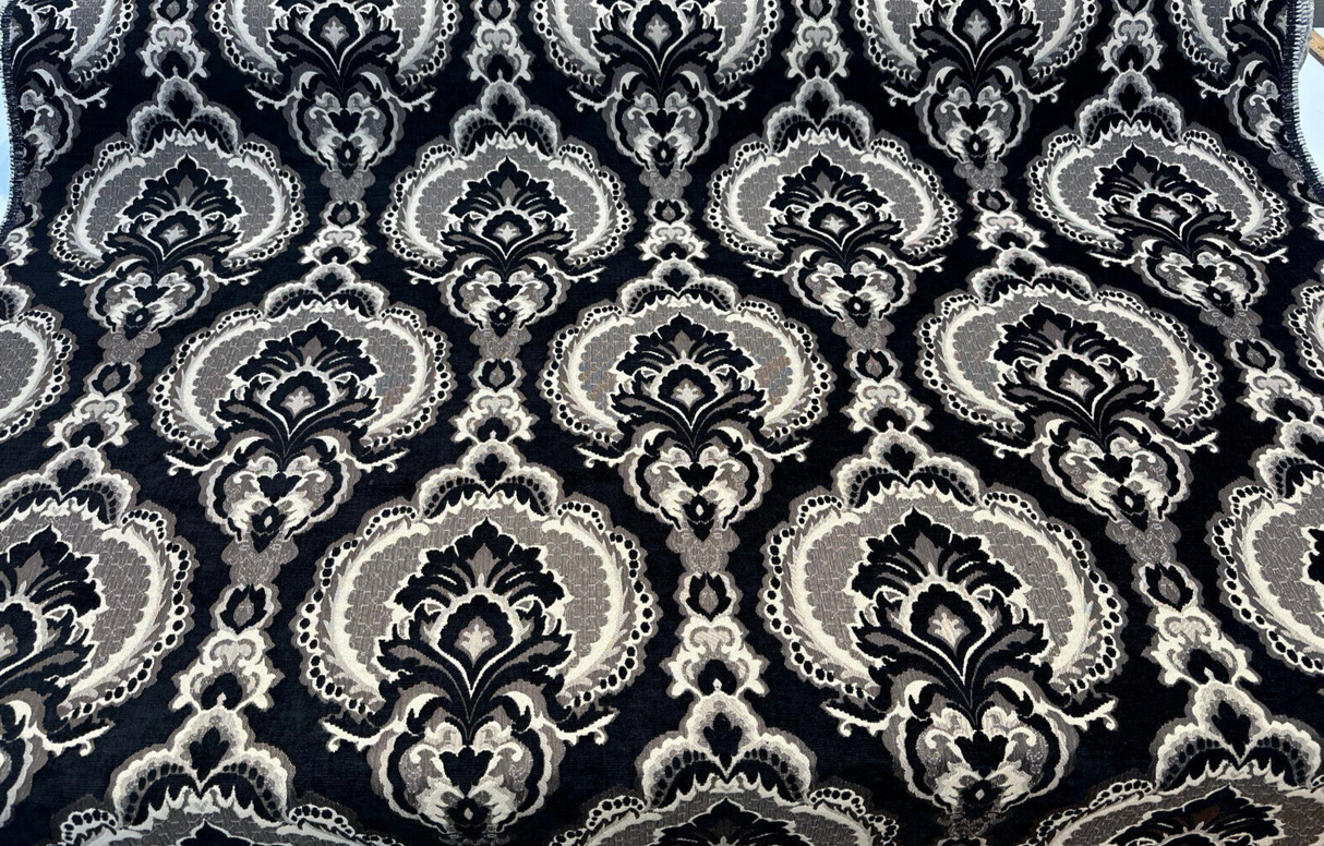 Algiers Onyx Chenille Upholstery Fabric - Black Damask, 56" Width (1 Yard)