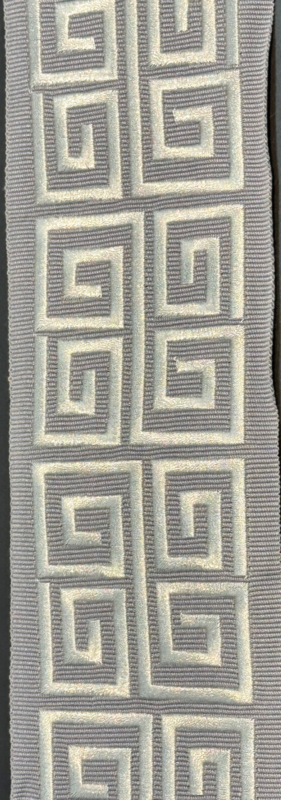 Fabricut Embroidery Silver Double Greek Key Trim Tape - Silver With White/Off White Embroidery Design, 3" Width (1 Yard)