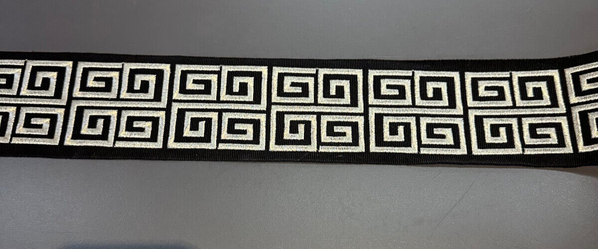 Fabricut Embroidery Trim Tape - Silver Embroidery On Black Background, 3" Width, 2" Horizontal Repeat (1 Yard)