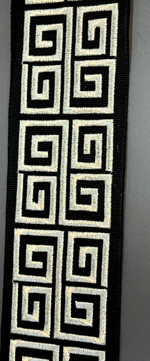 Fabricut Embroidery Trim Tape - Silver Embroidery On Black Background, 3" Width, 2" Horizontal Repeat (1 Yard)
