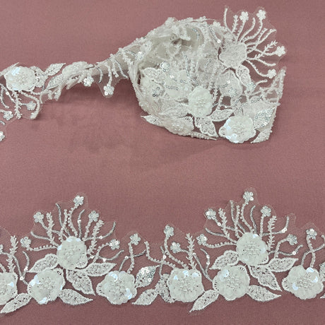 1 Yard  Embroidered on 100% Polyester Net Mesh 4″ Wide Beaded & Corded Floral Lace Trimming