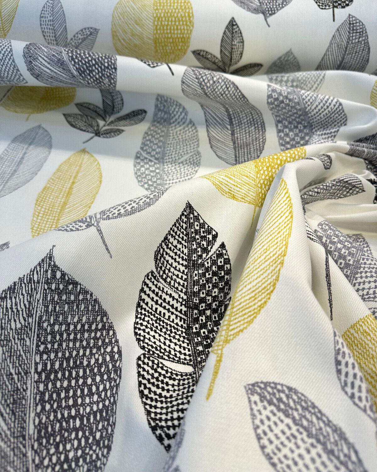 Rynell Mercury Leaves Cotton Fabric - Off White With Gray, Black, Yellow Leaves, 54" Width (1 Yard)