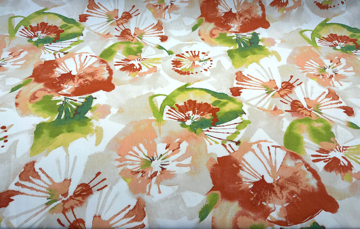 Richloom Watercolor Spring Waldman Cotton Fabric - Orange Coral Green Watercolor Floral, 57" Width (By The Yard)