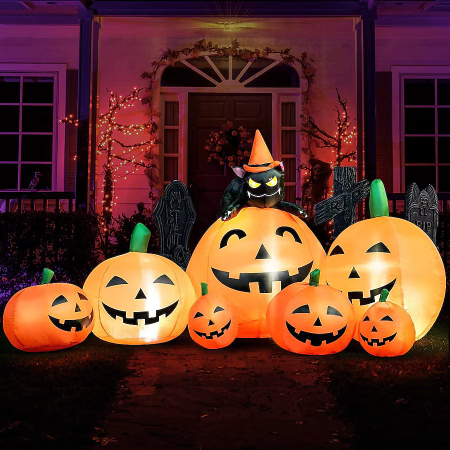 Joyfy 7 ft Tall Orange and Black Plastic Pumpkin Patch with Cat Inflatable Halloween Decoration