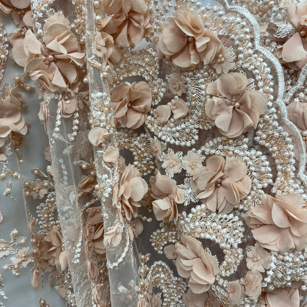 Beaded 3D Floral Lace Fabric Peach 48" Wide