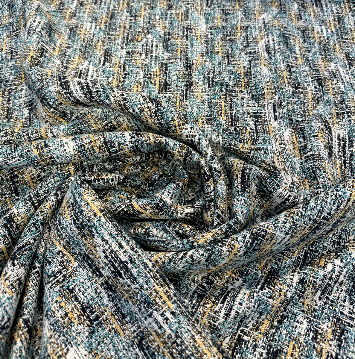 Valles Shoreline Chenille Fabric - Black With Hints Of Light Blue And Orange, 56" Width, Vertical Repeat 15.25", Horizontal Repeat 13.25", Non-Railroaded (1 Yard)