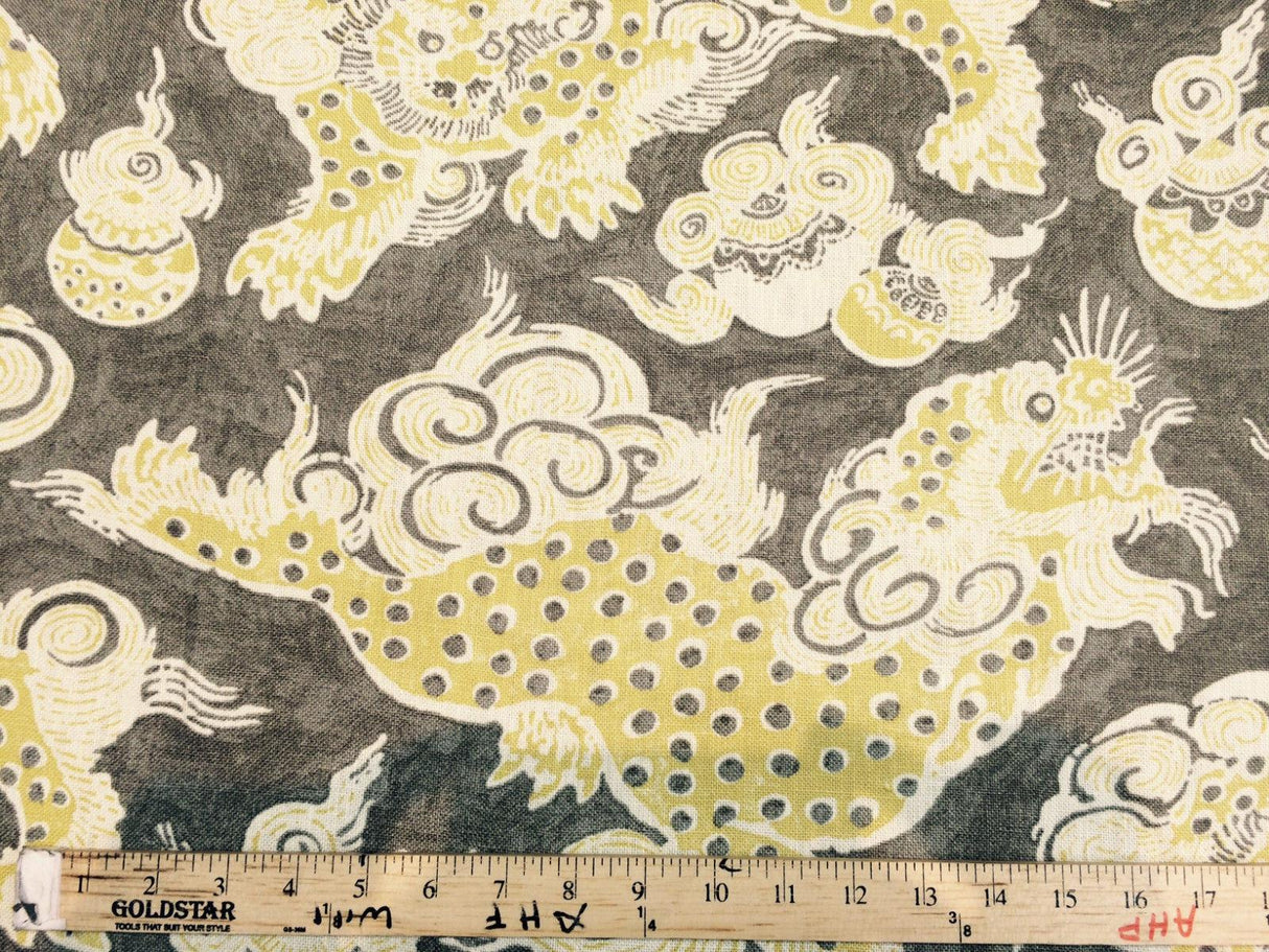Dunmore Dragons Linen Fabric - Yellow, Beige, Taupe Dragon Print, 54" Width (1 Yard)