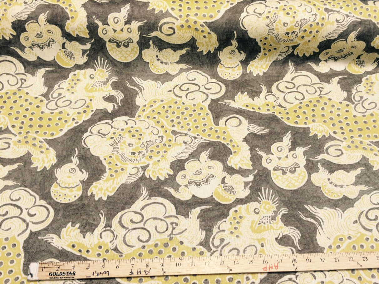Dunmore Dragons Linen Fabric - Yellow, Beige, Taupe Dragon Print, 54" Width (1 Yard)