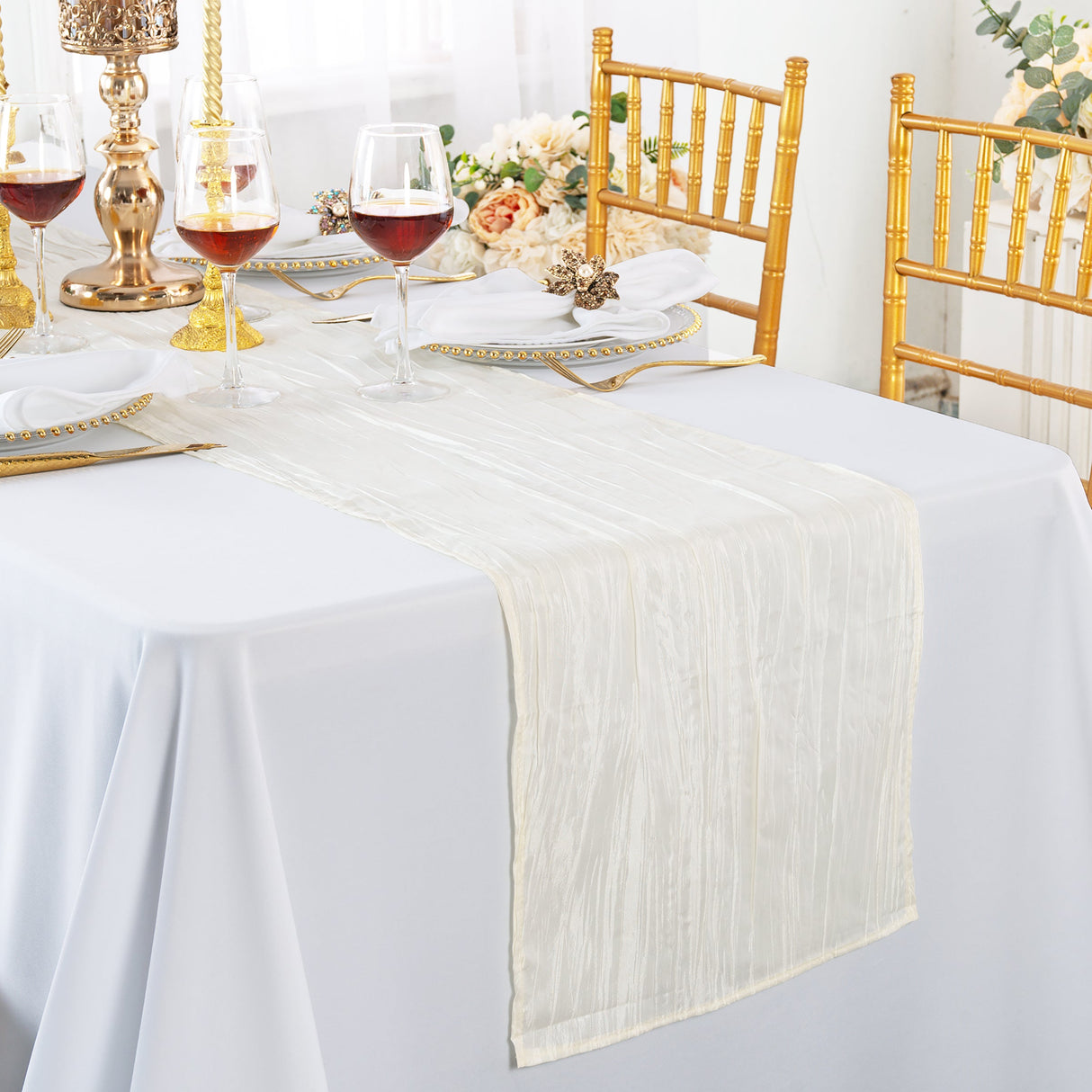 Accordion Crinkle Taffeta Table Runner 13x108 Ivory