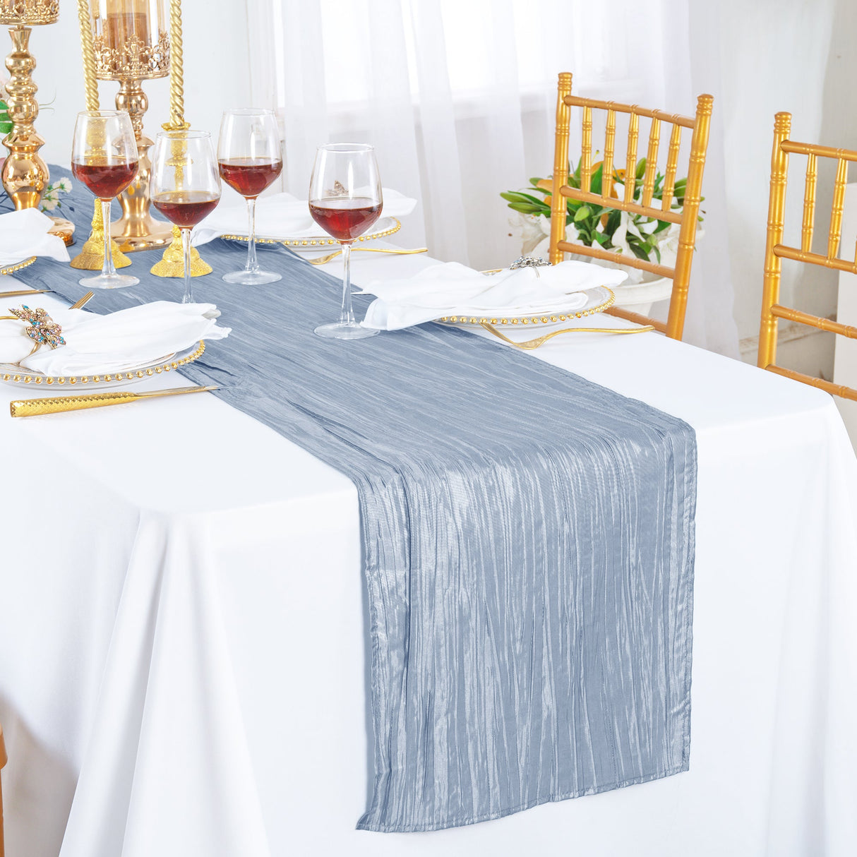 Accordion Crinkle Taffeta Table Runner 13x108 Dusty Blue