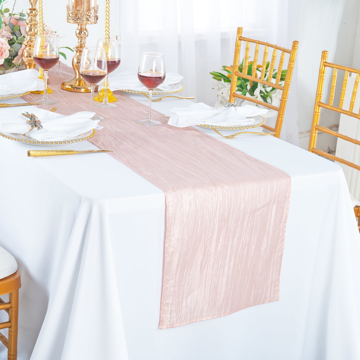 Accordion Crinkle Taffeta Table Runner 13x108 Blush Pink/Rose Gold