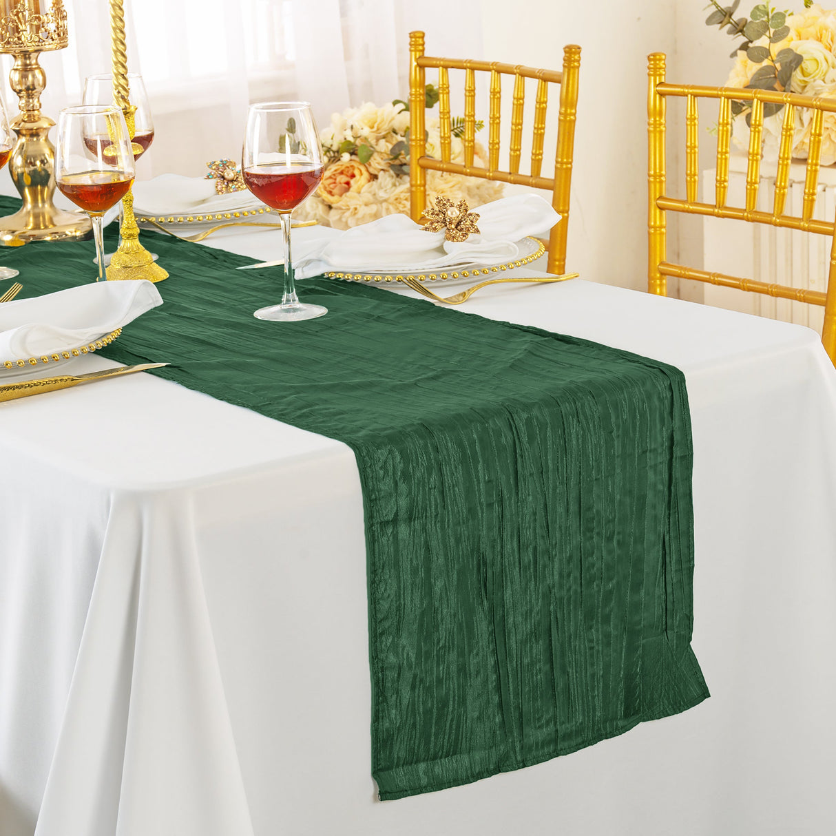Accordion Crinkle Taffeta Table Runner 13x108 Hunter Green/Holly Green