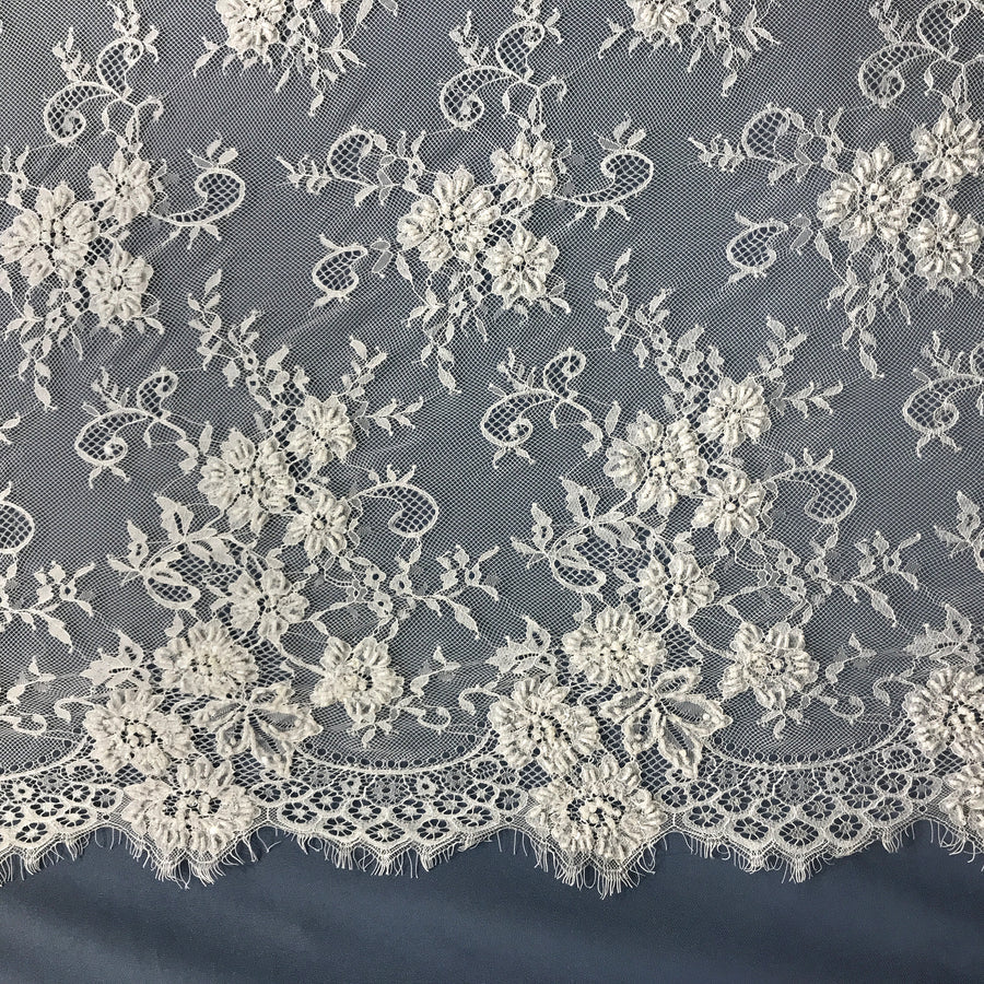 3 Yards Beaded Chantilly Embroidered Lace Fabric with Double Side Eyelash Scallop