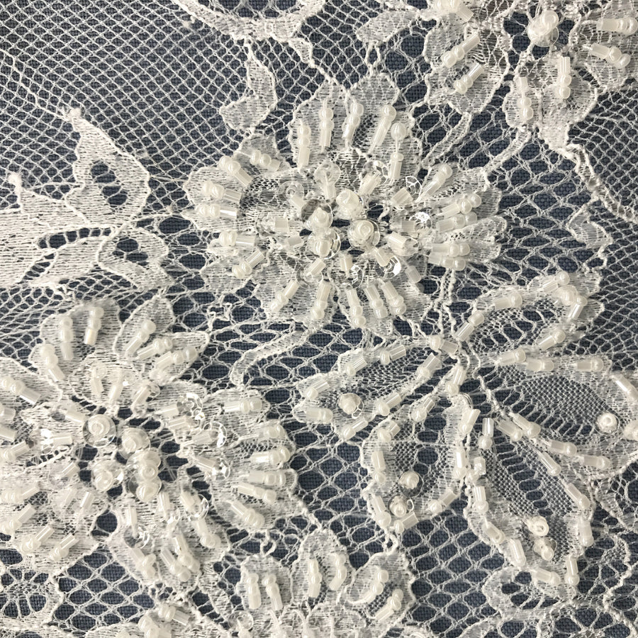 3 Yards Beaded Chantilly Embroidered Lace Fabric with Double Side Eyelash Scallop