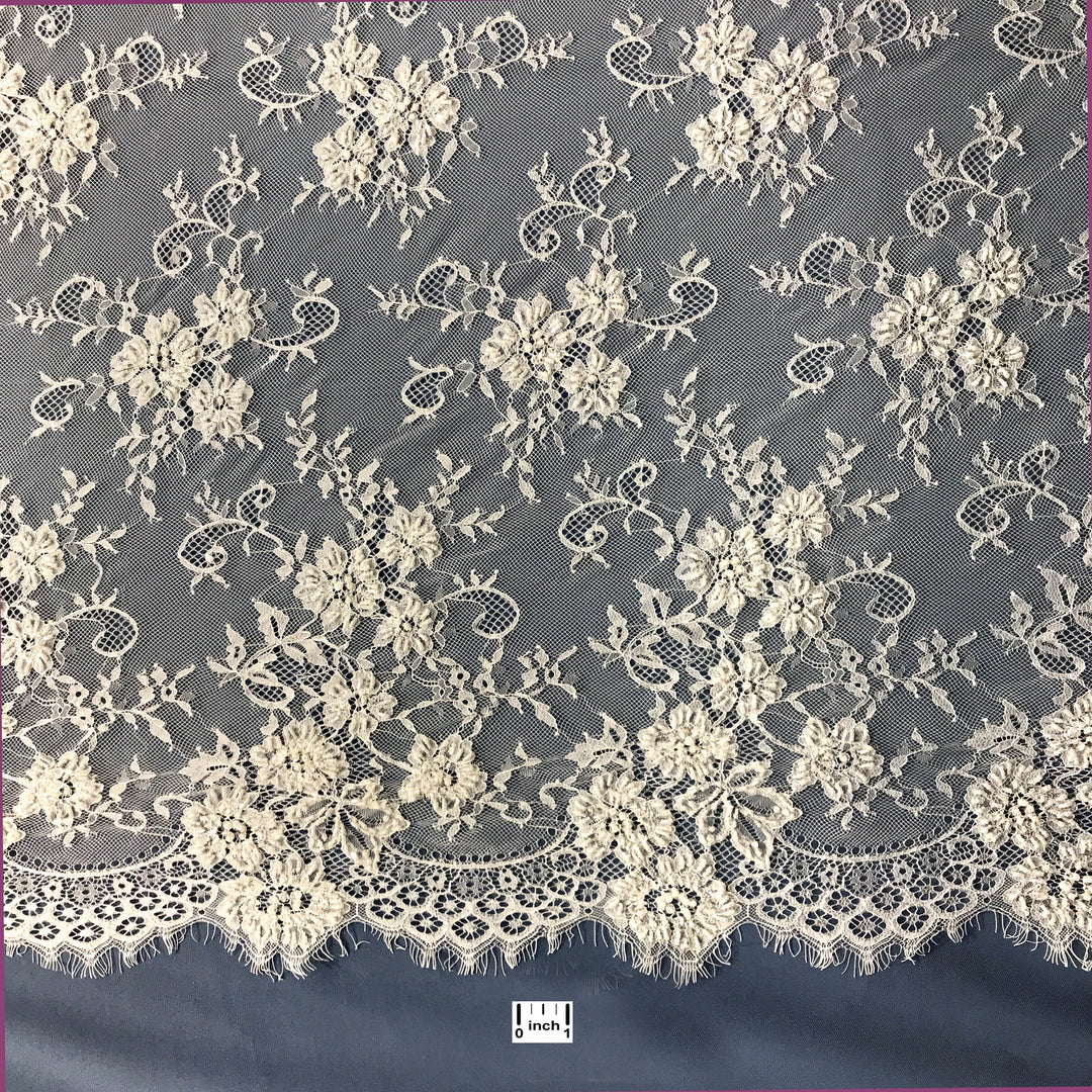 1 Panel Beaded Chantilly Embroidered Lace Fabric with Double Side Eyelash Scallop – 3 Yards x 58"