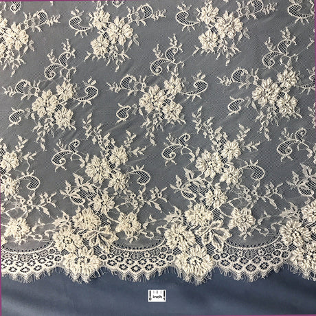 1 Panel Beaded Chantilly Embroidered Lace Fabric with Double Side Eyelash Scallop – 3 Yards x 58"