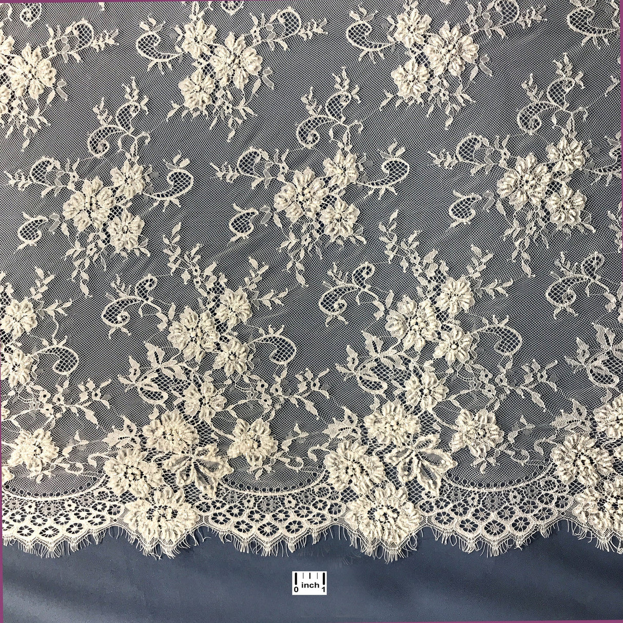 Beaded Chantilly Embroidered Lace Fabric - White, Off White Floral Embroidery, Double-Sided Eyelash Scallop, 58" Width (3 Yards)