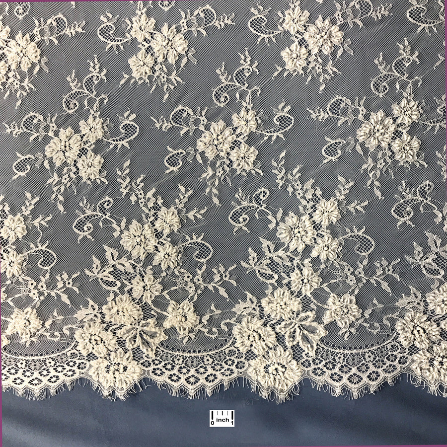 3 Yards Beaded Chantilly Embroidered Lace Fabric with Double Side Eyelash Scallop