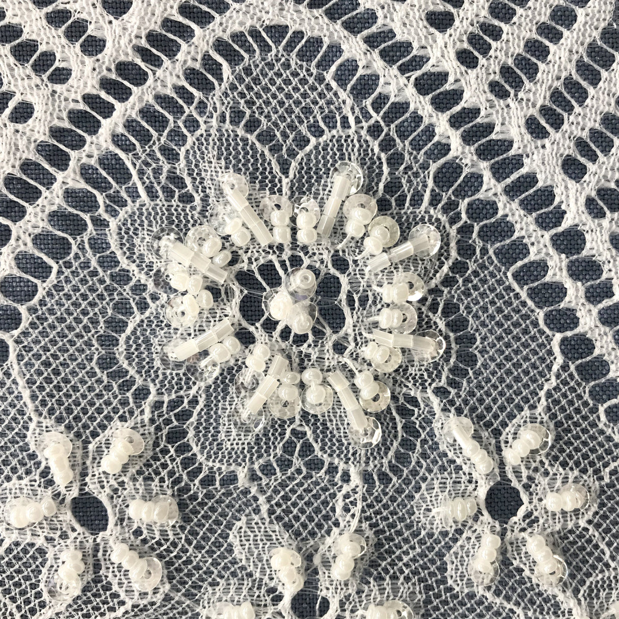 Beaded Chantilly Embroidered Lace Fabric - Eyelash Scallop, White, 58" Width (3 Yards)