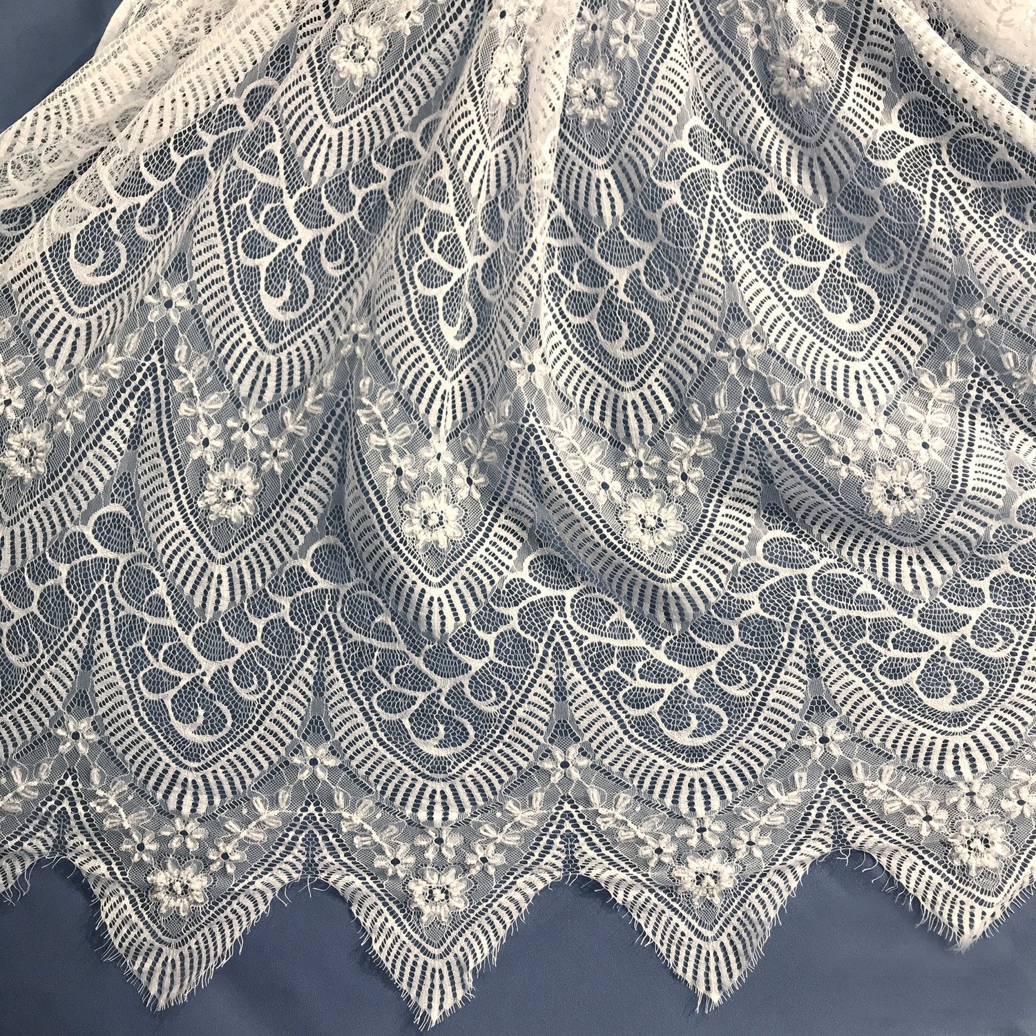 3 Yards Beaded Chantilly Embroidered Lace Fabric with Eyelash Scallop 58" Wide Elegant Special Occasion Lace