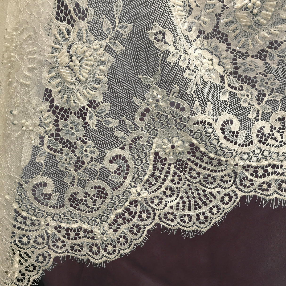 Beaded Chantilly Lace Fabric White Eyelash Scallop 3 Yards 58"