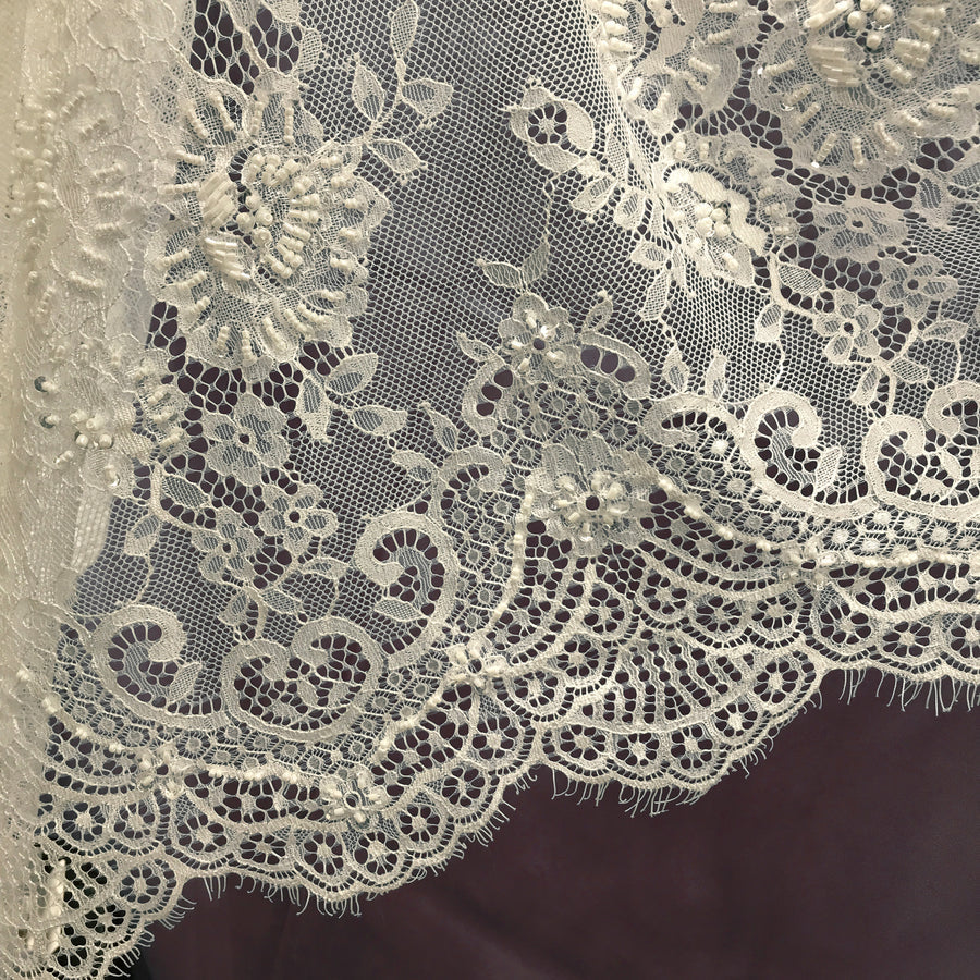 3 Yards Beaded Chantilly Embroidered Lace Fabric with Eyelash Scallop