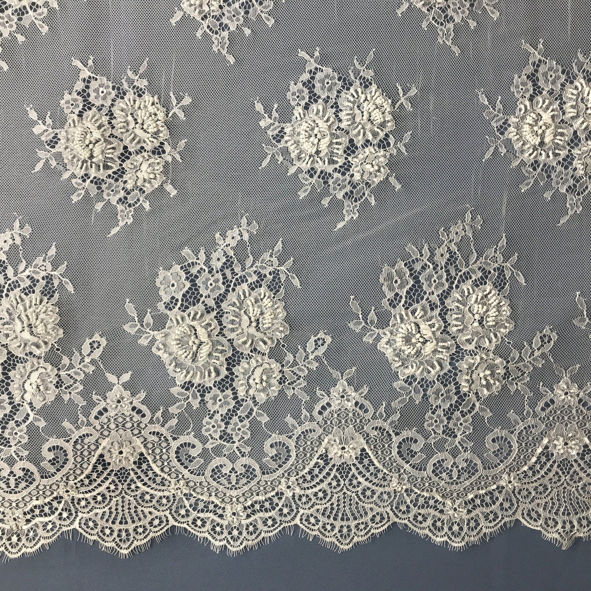 Beaded Chantilly Lace Fabric White Eyelash Scallop 3 Yards 58"