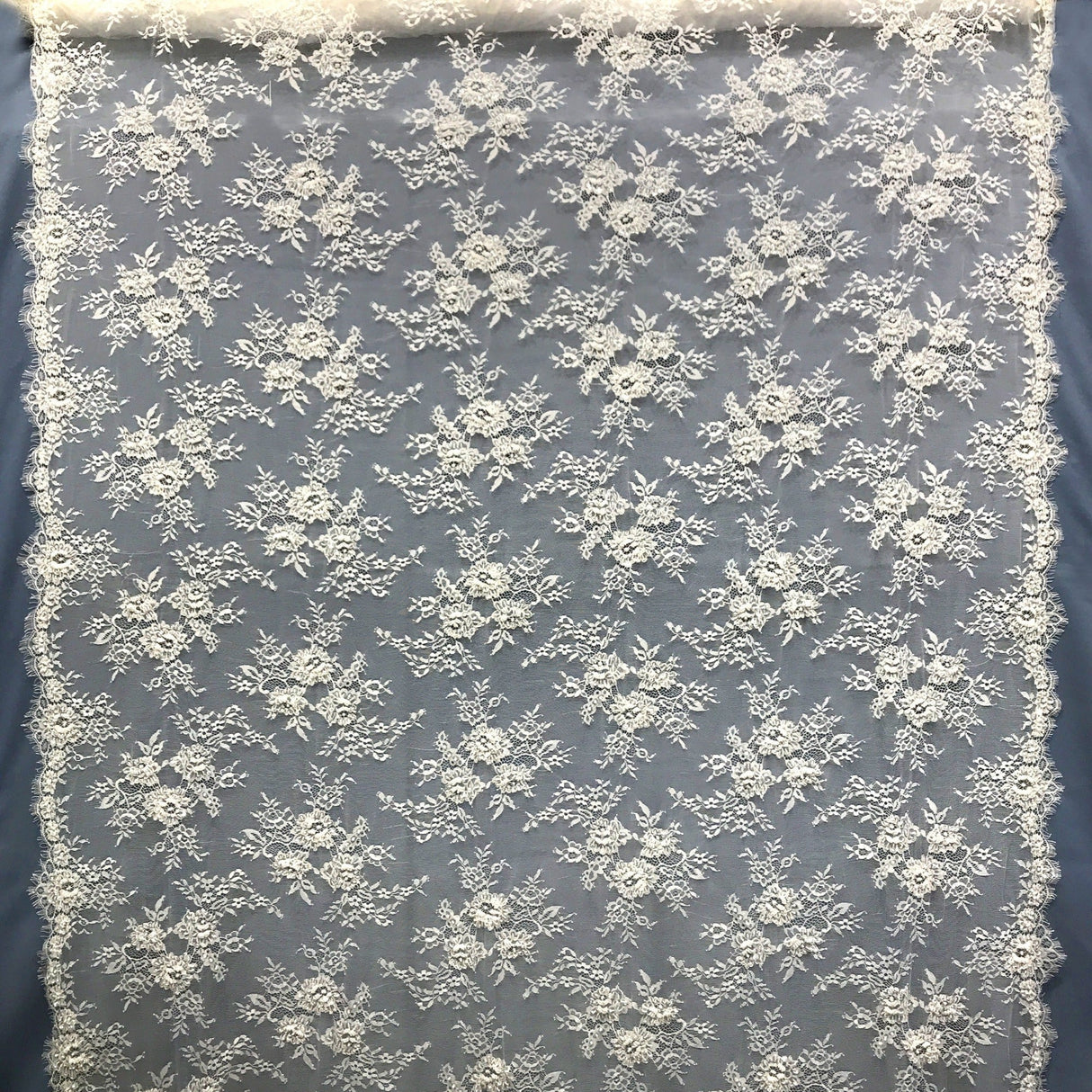 Beaded Chantilly Embroidered Lace Fabric - White, Eyelash Scallop, 58" Width (3 Yards)