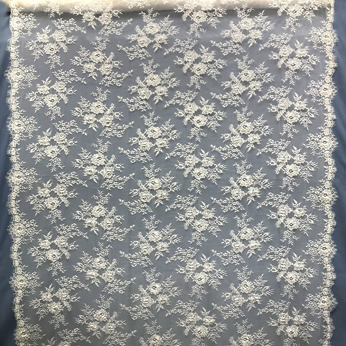 Beaded Chantilly Lace Fabric with Eyelash Scallop