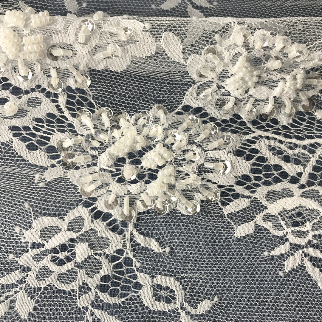 1 Panel Elegant Beaded Chantilly Lace Fabric with Eyelash Scallop for Bridal and Evening Wear – 3 Yards x 58"