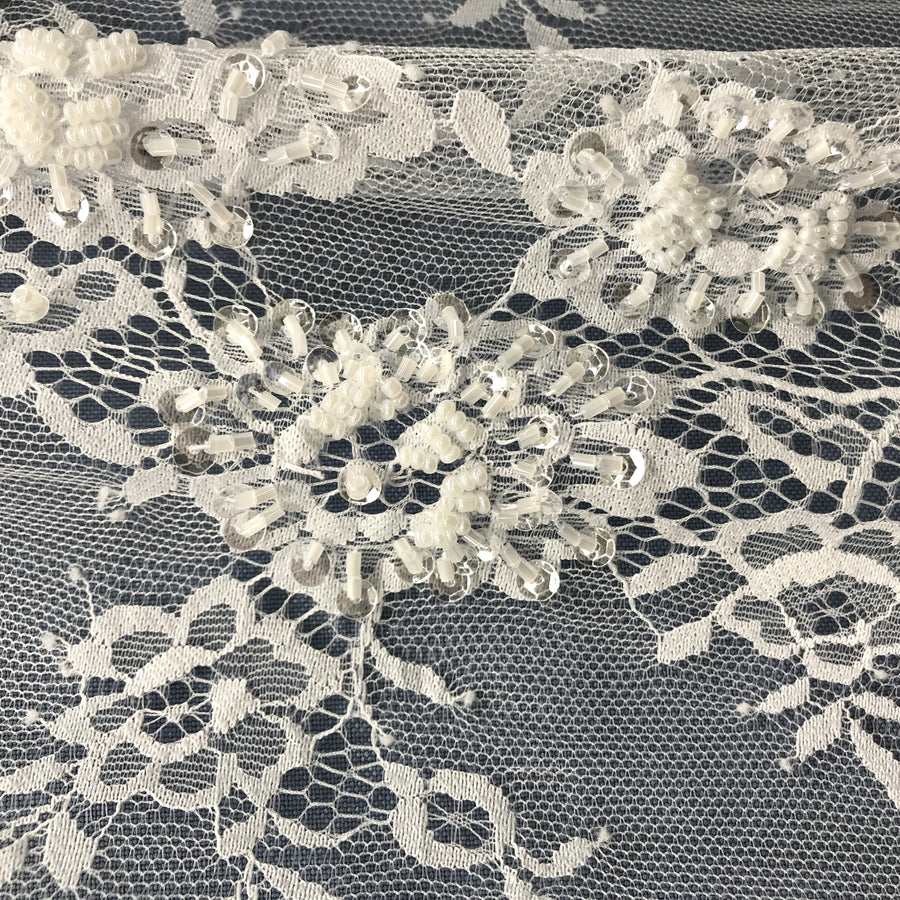 3 Yards Beaded Chantilly Embroidered Lace Fabric with Eyelash Scallop