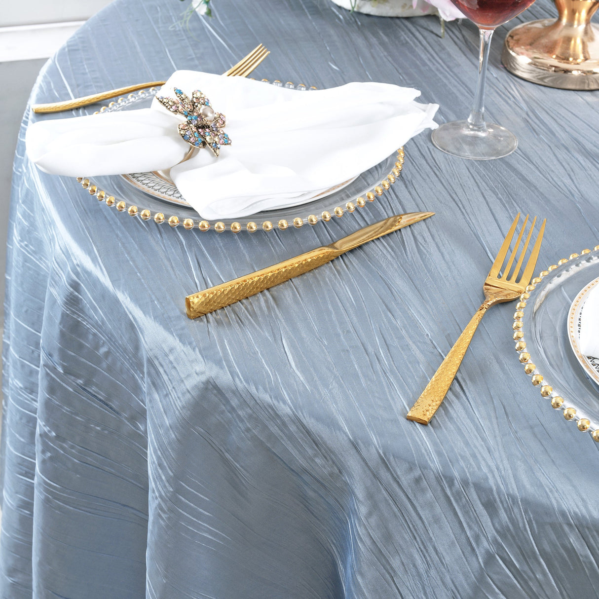 Round Accordion Crinkle Taffeta Tablecloth 132 Dusty Blue