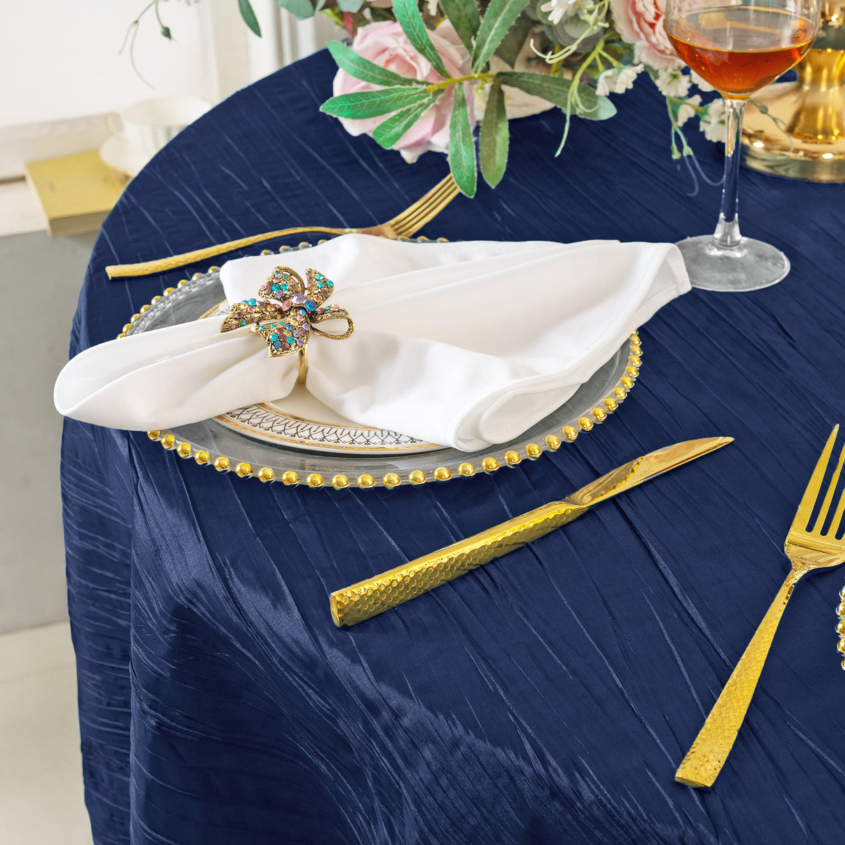 Round Taffeta Tablecloth 120 Inch Navy Blue