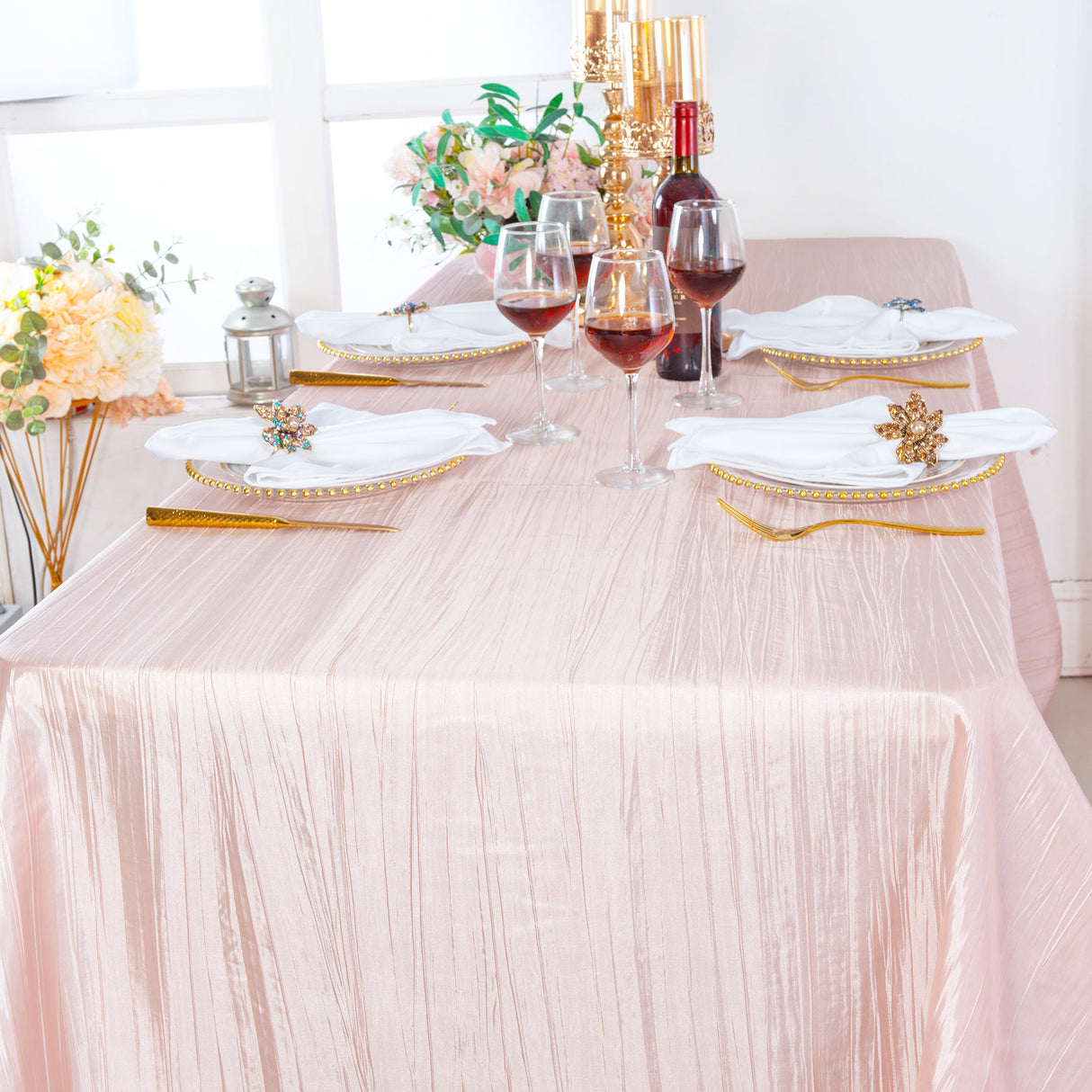 Rectangular Accordion Crinkle Taffeta Tablecloth 90x156 Blush Pink/Rose Gold