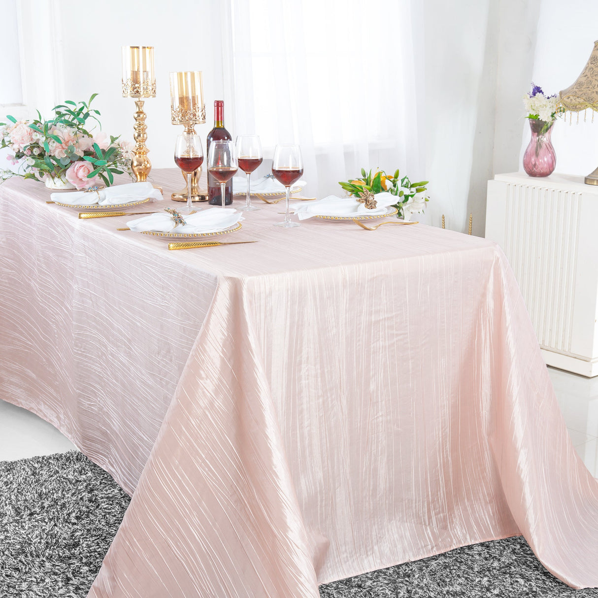 Rectangular Accordion Crinkle Taffeta Tablecloth 90x156 Blush Pink/Rose Gold