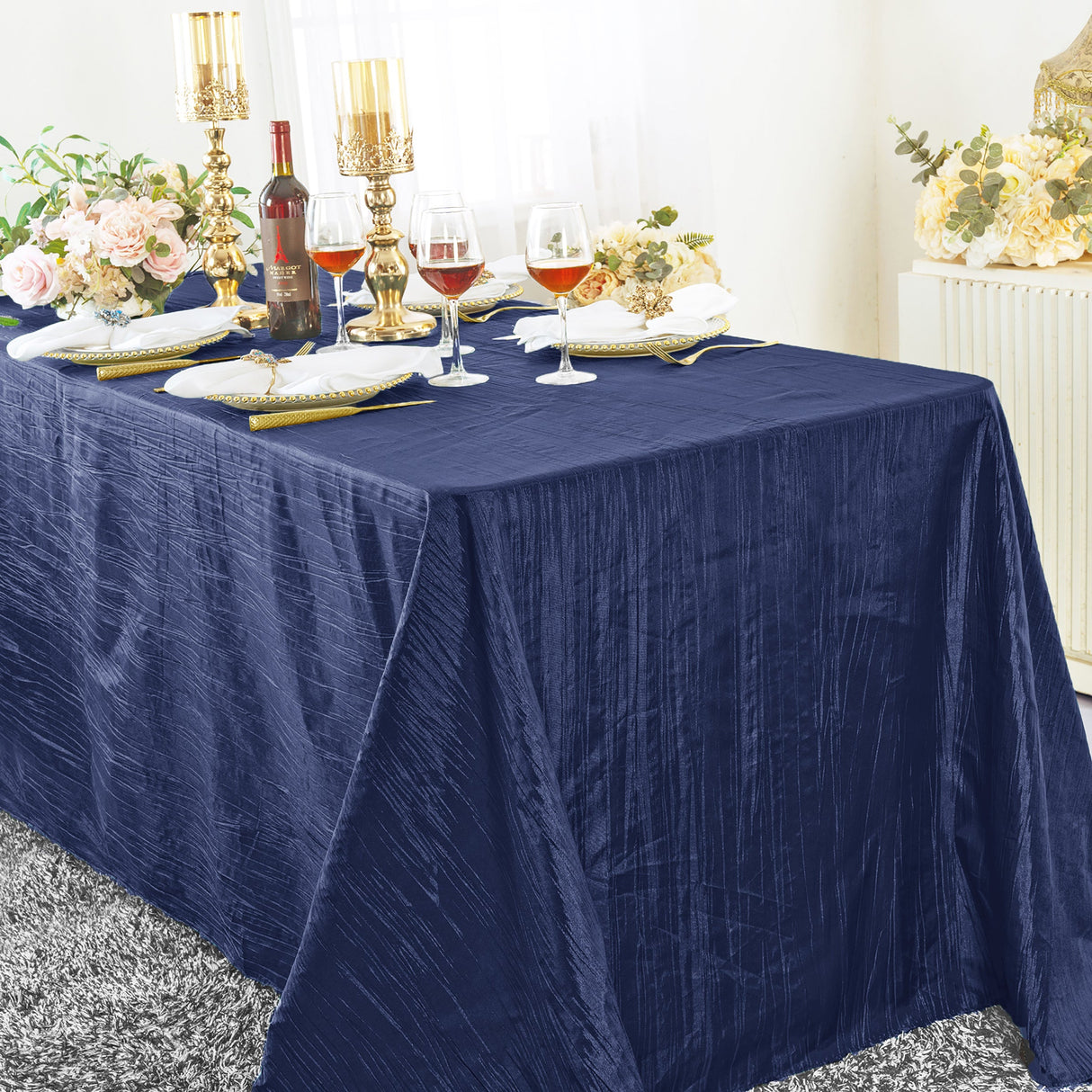 Rectangular Accordion Crinkle Taffeta Tablecloth 90x132 Navy Blue