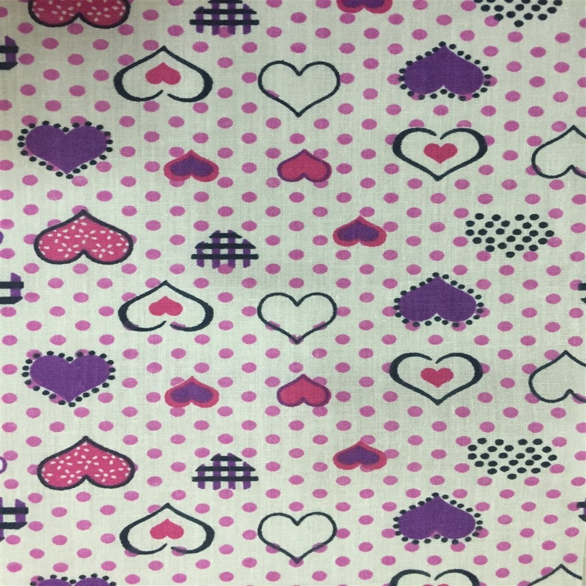 Polka Dot Heart Printed Poly Cotton Fabric - Polka Dot Heart Print, Pink, 59" Width (1 Yard)