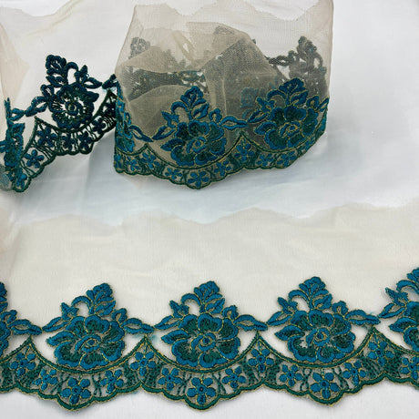 1 Yard Colorful Floral Lace Trimming on Net Mesh | 2.75" Wide | Handmade Embroidered Trim for Dresses & Costumes