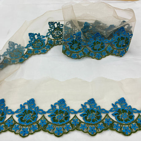 1 Yard Colorful Floral Lace Trimming on Net Mesh | 2.75" Wide | Handmade Embroidered Trim for Dresses & Costumes