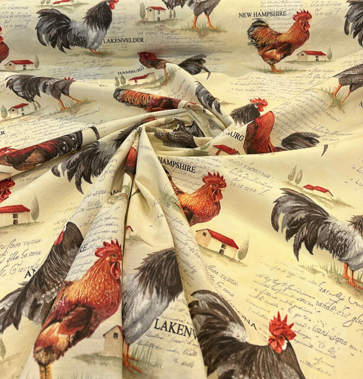 Rooster Chicken Farm Cotton Blend Fabric - Country Toile, Sage Tan Cream Red, 55" Width (1 Yard)