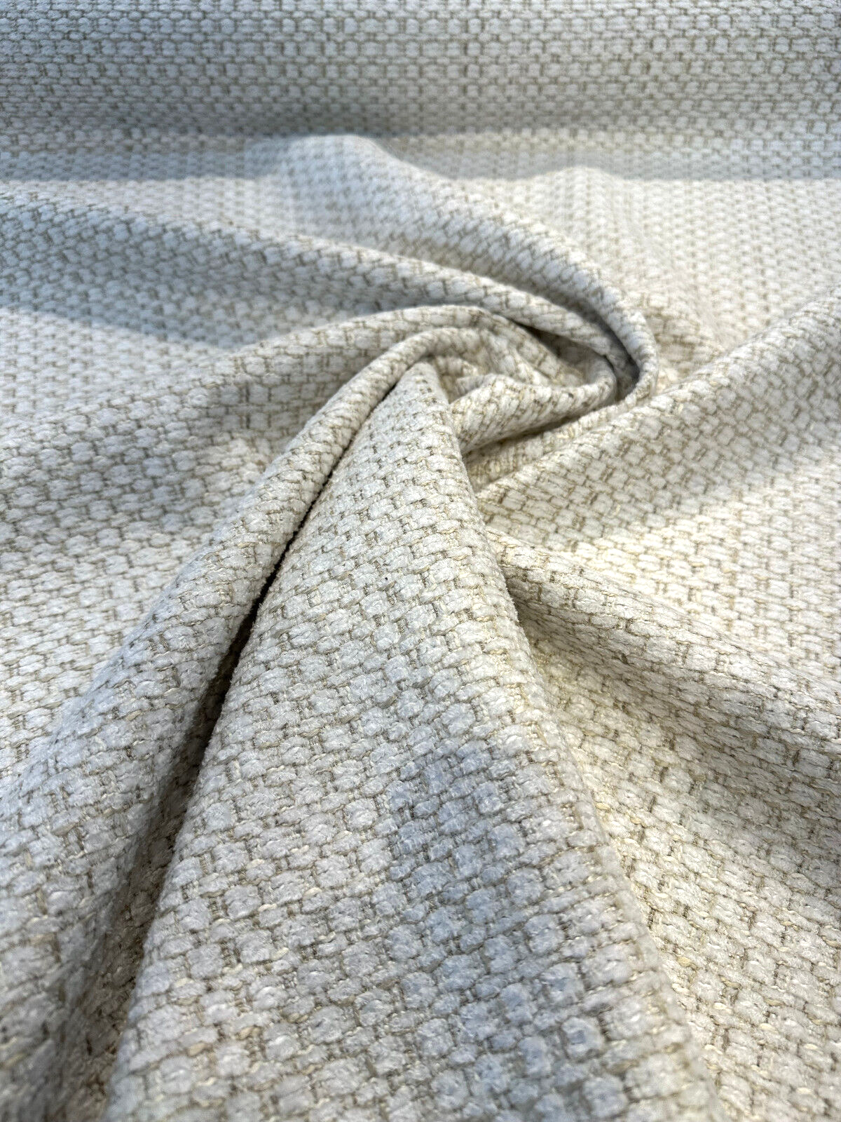 Amore Snow Textured Soft Chenille Upholstery Fabric - Snow White With Ivory Golden Tints, 56" Width (1 Yard)