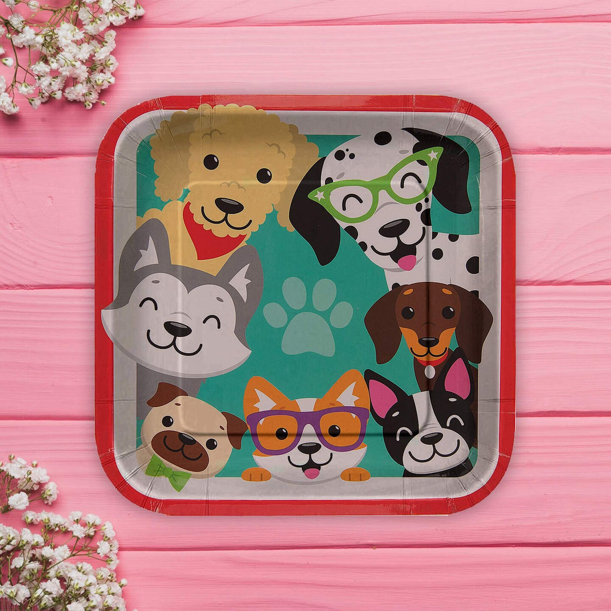 8 Count Dog Party Paw Print Square Paper Plates Disposable Birthday Celebrations 9"