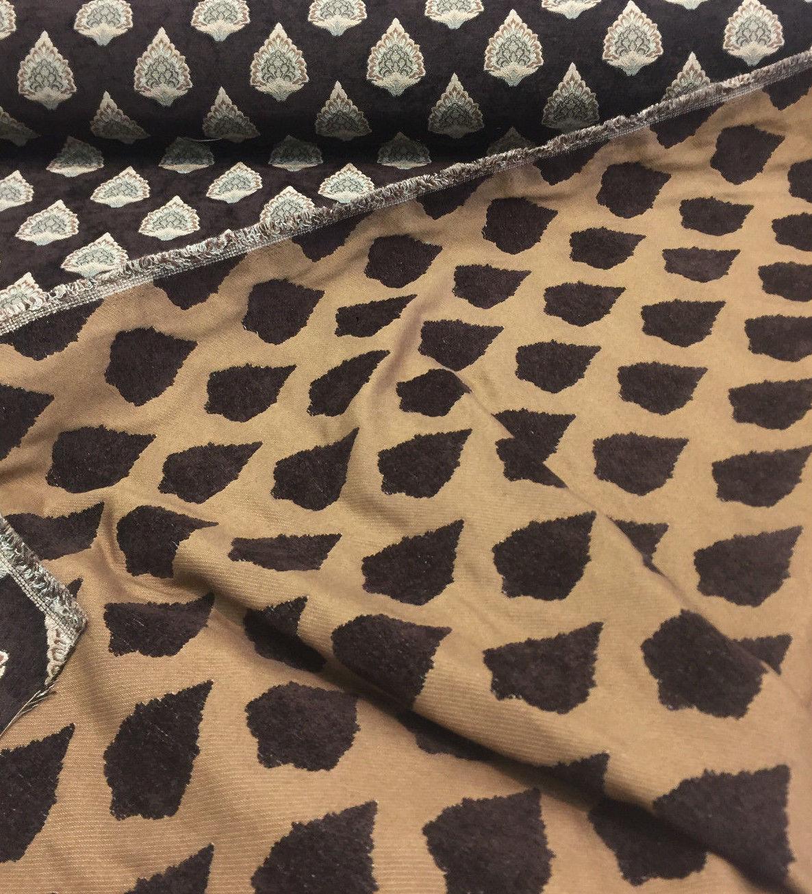 Emblem Chenille Chenille Fabric - Brown Beige Light Blue, 57" Width, 3.75" Vertical Repeat, 3.5" Horizontal Repeat (1 Yard)
