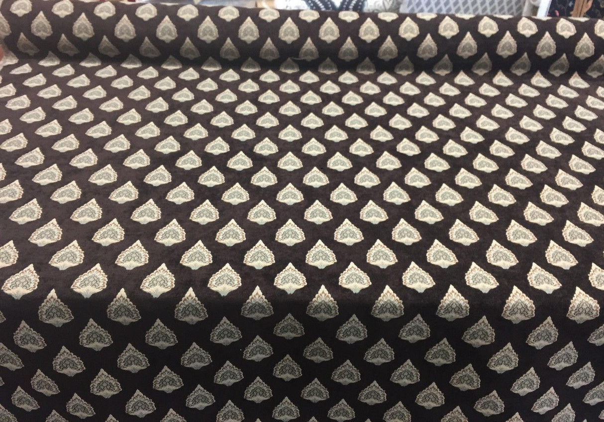 Emblem Chenille Chenille Fabric - Brown Beige Light Blue, 57" Width, 3.75" Vertical Repeat, 3.5" Horizontal Repeat (1 Yard)