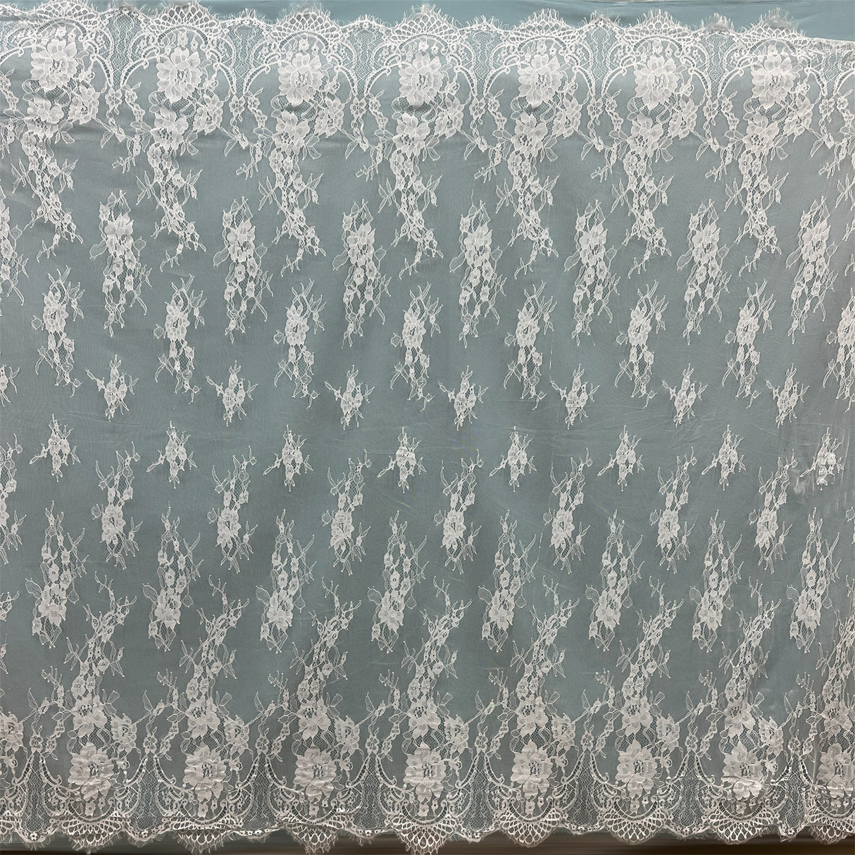 Embroidered Chantilly Lace Fabric with Eyelash Scallop