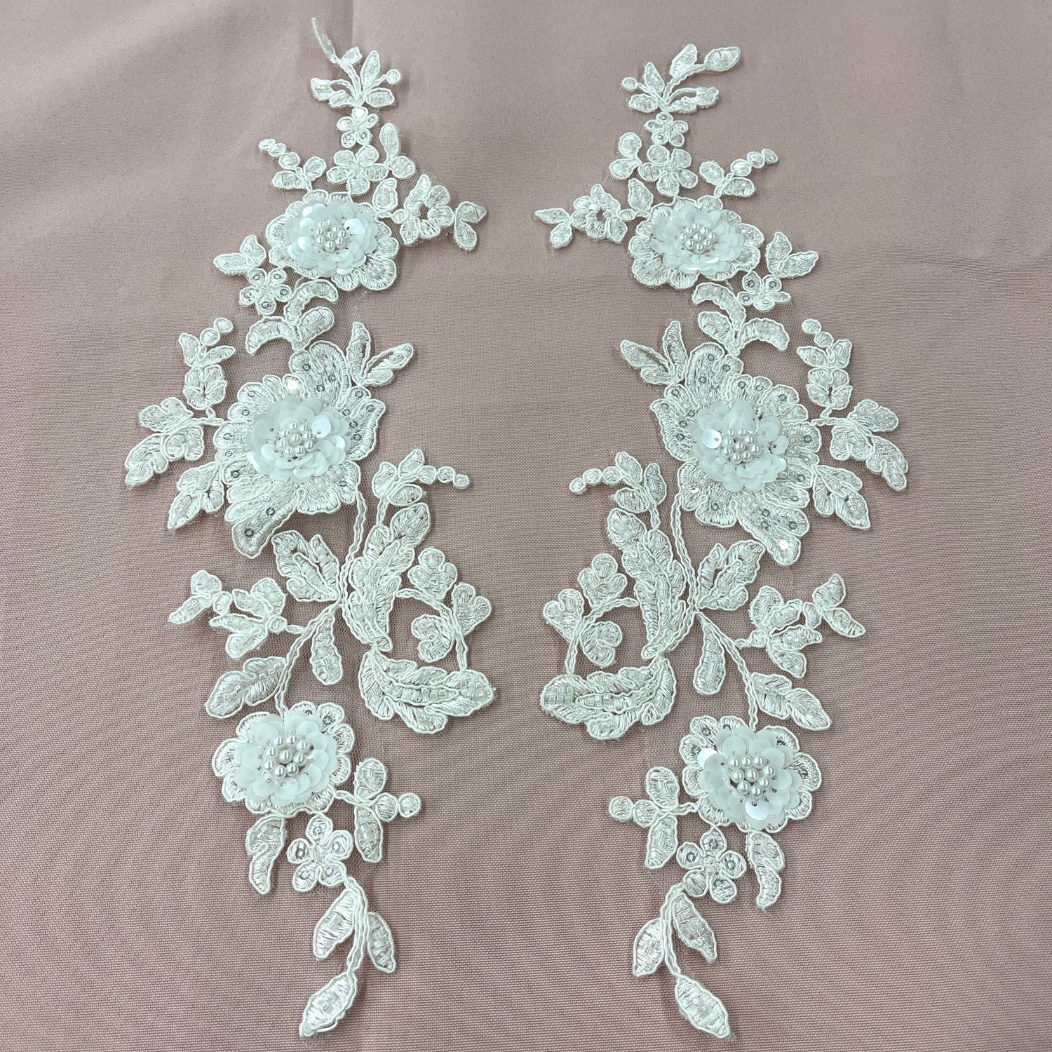 1 Pair 14" x 3" Beaded & Corded Floral 3D Lace Applique Embroidered on 100% Polyester Net Mesh